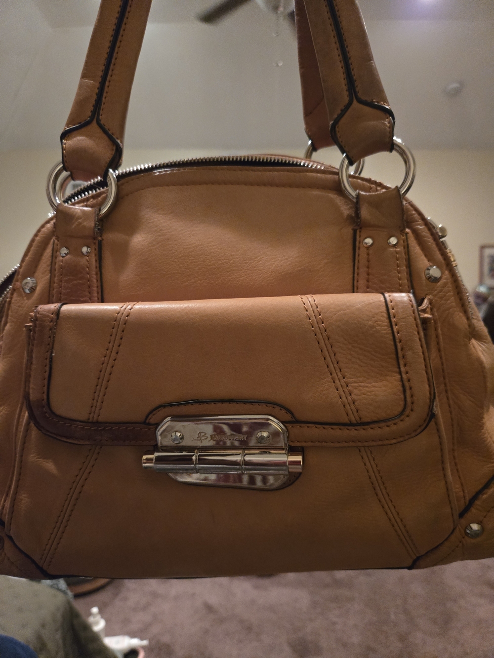Soft Tan Leather Shoulder Bag From B.Makowsy. Triple Compartment. Just Cleaned!
